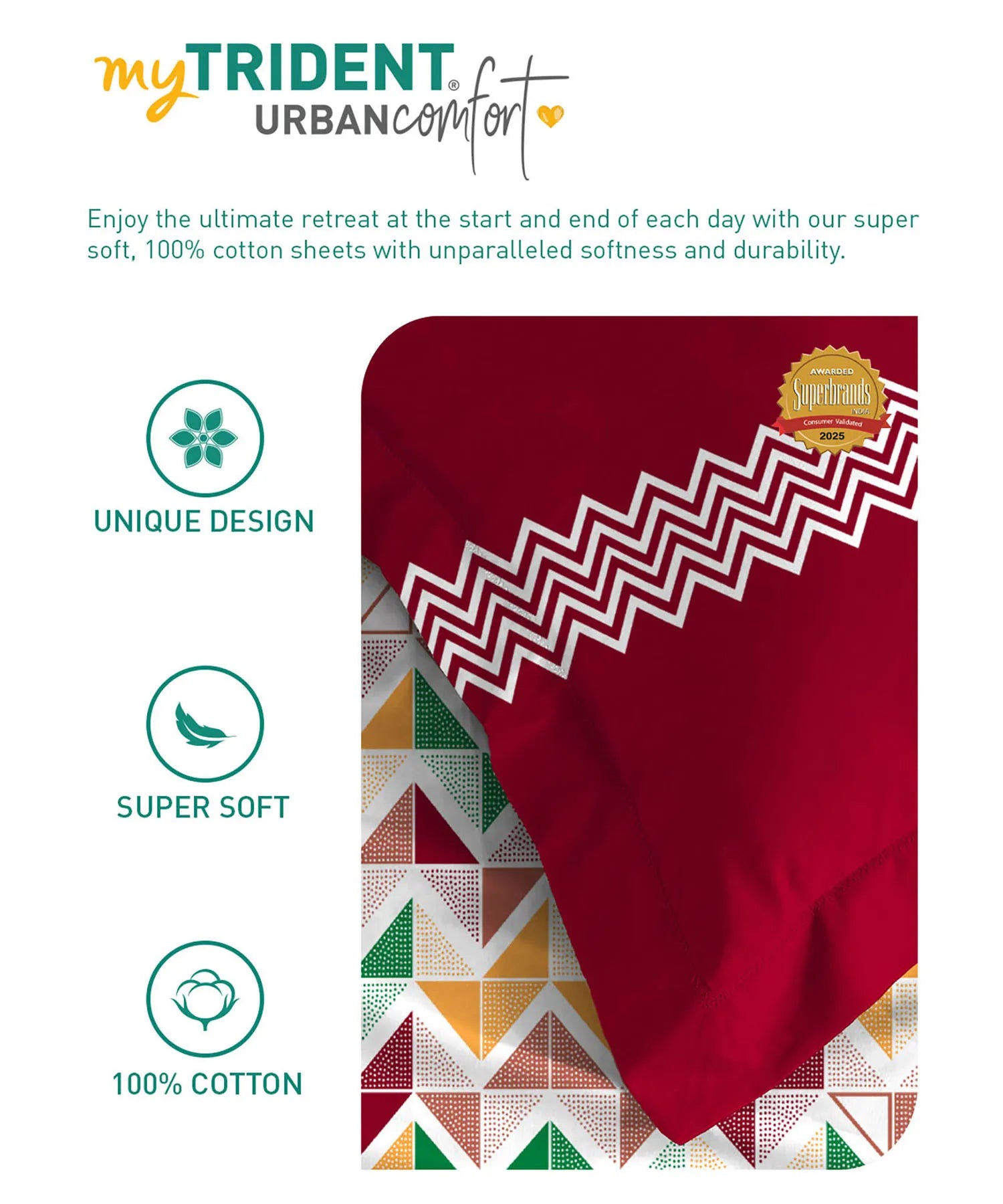 Urban Comfort Queen Bedsheet Set, Trippy Triangles Red |144 TC Cotton| 2 Pillow Covers