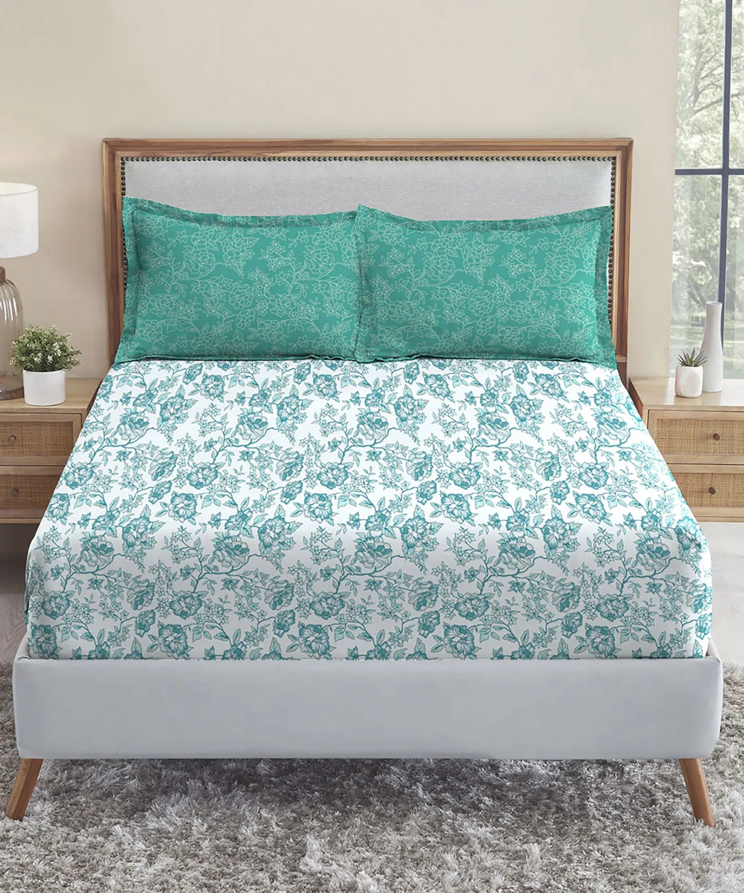 Urban Comfort Queen Bedsheet Set, Juliet Blue |144 TC Cotton| 2 Pillow Covers