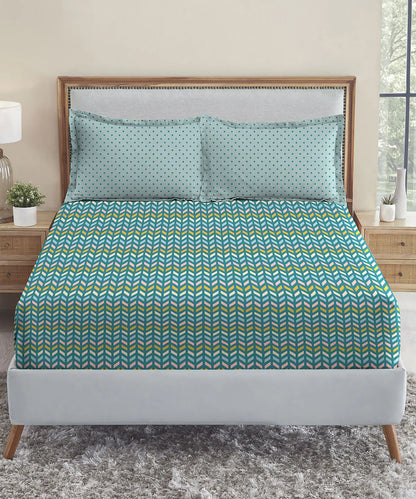 Urban Comfort Queen Bedsheet Set, Party Mood Teal |144 TC Cotton| 2 Pillow Covers
