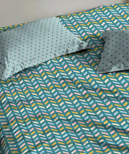 Urban Comfort Queen Bedsheet Set, Party Mood Teal |144 TC Cotton| 2 Pillow Covers