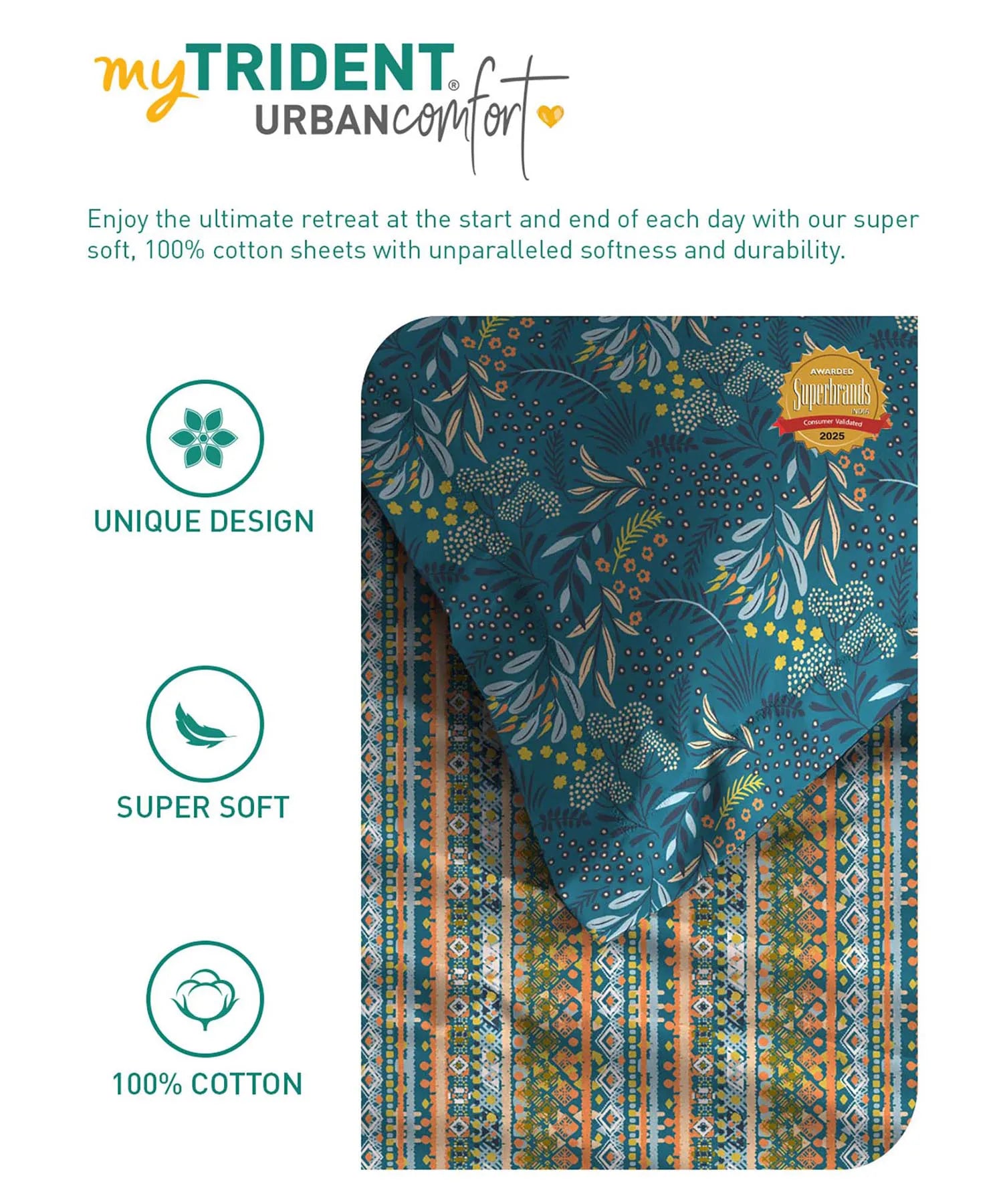 Urban Comfort Queen Bedsheet Set, Midnight Bloom |144 TC Cotton| 2 Pillow Covers