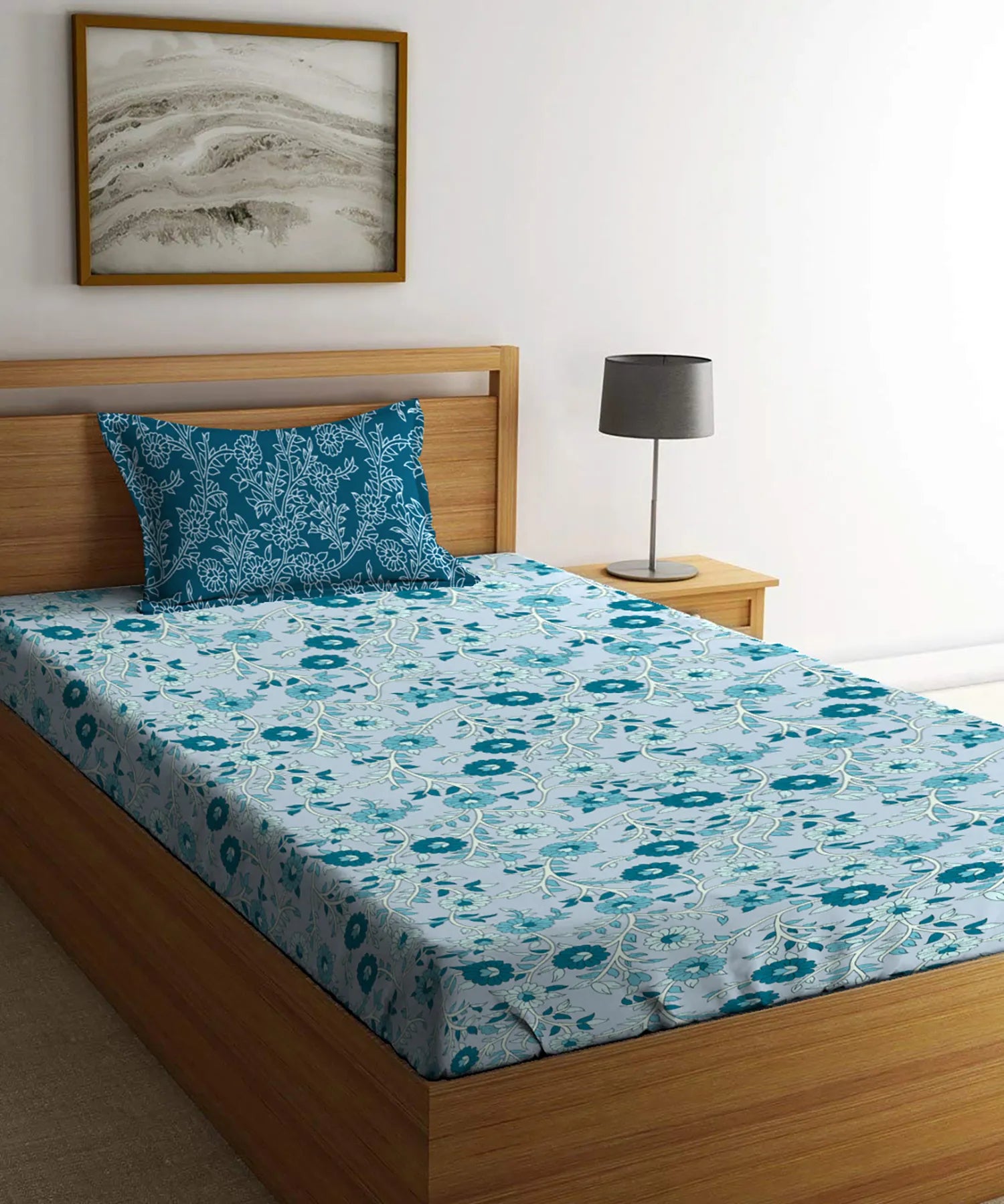 Urban Comfort Single Bedsheet Set, Desert Gardern Blue |144 TC Cotton| 1 Pillow Covers