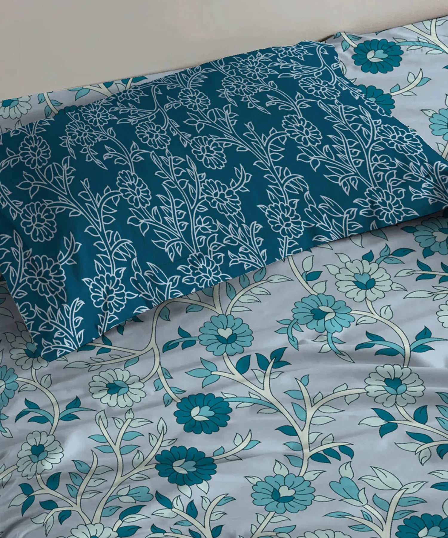 Urban Comfort Single Bedsheet Set, Desert Gardern Blue |144 TC Cotton| 1 Pillow Covers