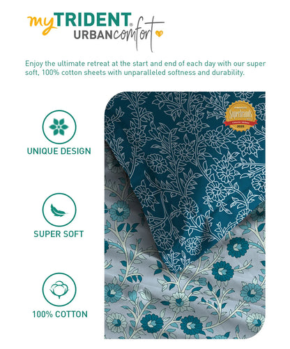 Urban Comfort Single Bedsheet Set, Desert Gardern Blue |144 TC Cotton| 1 Pillow Covers