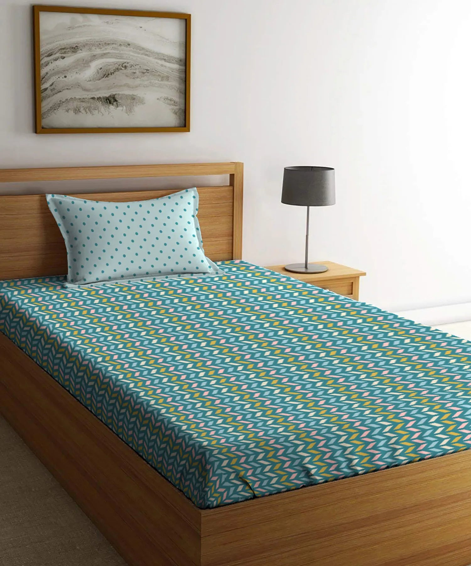 Urban Comfort Single Bedsheet Set, Party Mood Teal|144 TC Cotton| 1 Pillow Covers