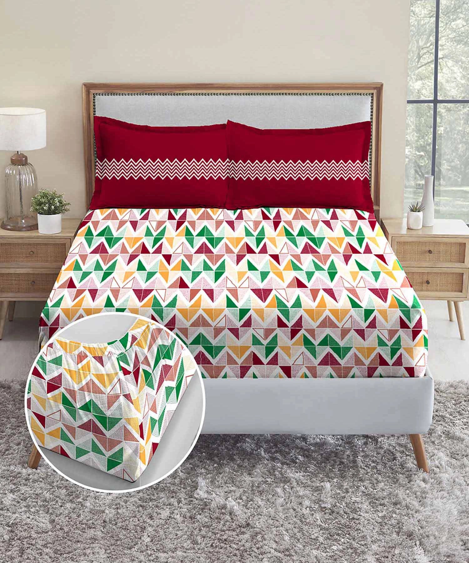 Urban Comfort King Fitted Bedsheet Set, Trippy Triangles Red|144 TC Cotton| 2 Pillow Covers