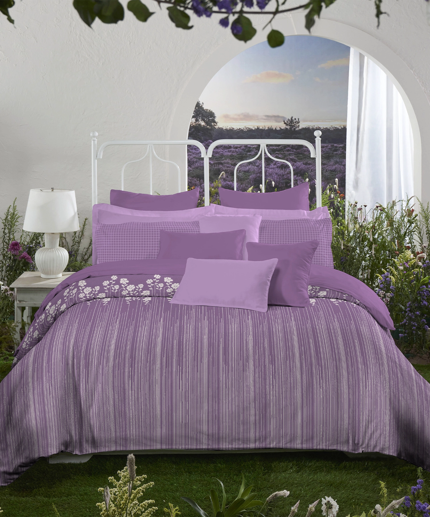 Aroma King Bedsheet Set, Iris Lavender|180 TC Cotton|2 Pillow Covers