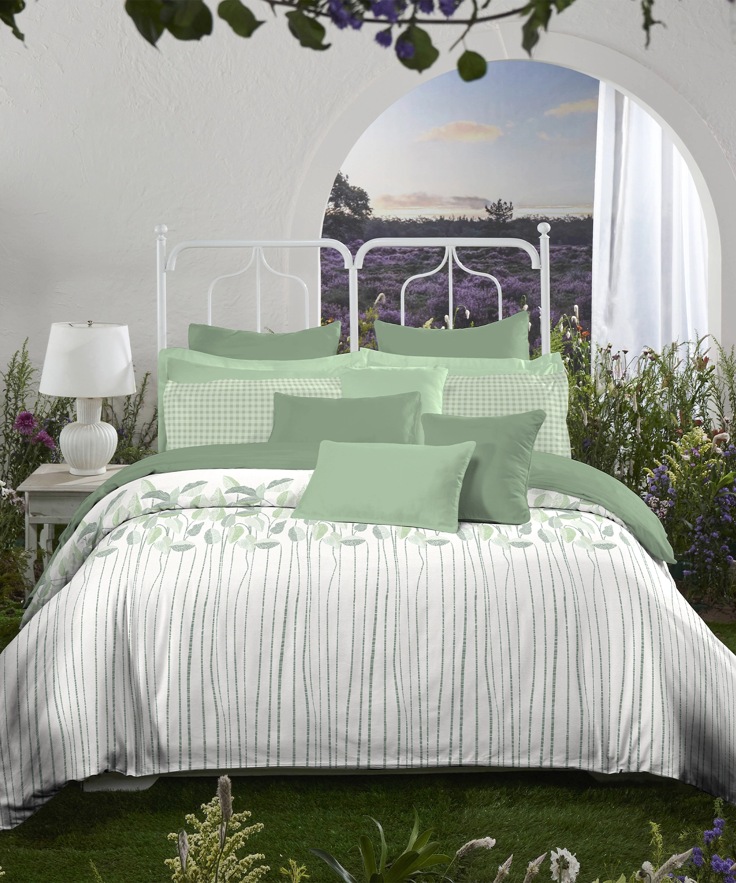 Aroma King Bedsheet Set, Fern Green Apple|180 TC Cotton|2 Pillow Covers