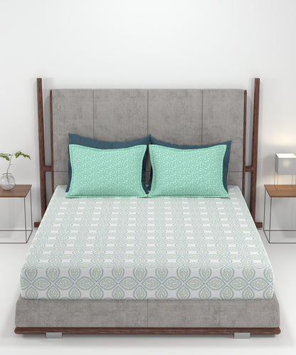 Carnival Ornate Queen Bedsheet, Chaithra Ice Green |144 TC Cotton| 2 Pillow Covers