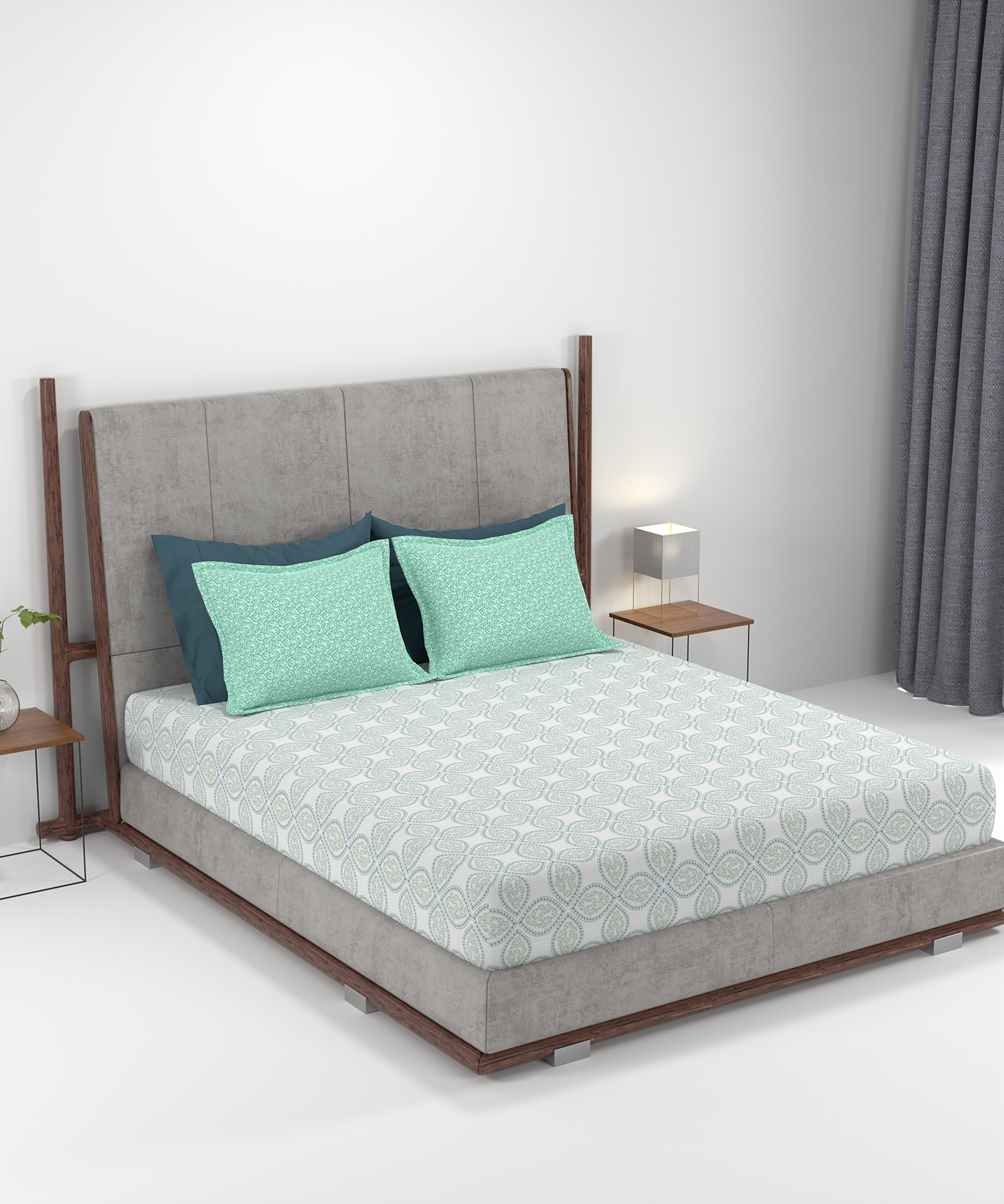 Carnival Ornate Queen Bedsheet, Chaithra Ice Green |144 TC Cotton| 2 Pillow Covers