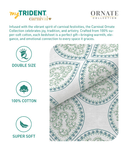Carnival Ornate Queen Bedsheet, Chaithra Ice Green |144 TC Cotton| 2 Pillow Covers