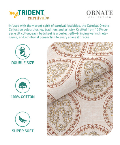 Carnival Ornate Queen Bedsheet, Chaithra Orange |144 TC Cotton| 2 Pillow Covers
