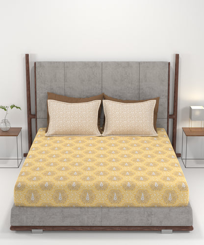 Carnival Ornate Queen Bedsheet, Heer Yellow|144 TC Cotton| 2 Pillow Covers