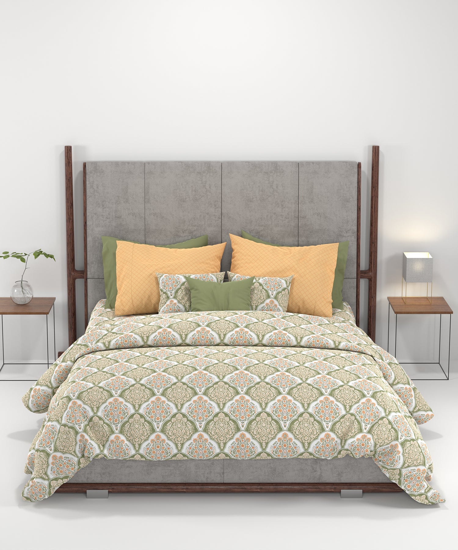 Carnival Ornate Queen Bedsheet, Manohari Sage |144 TC Cotton| 2 Pillow Covers