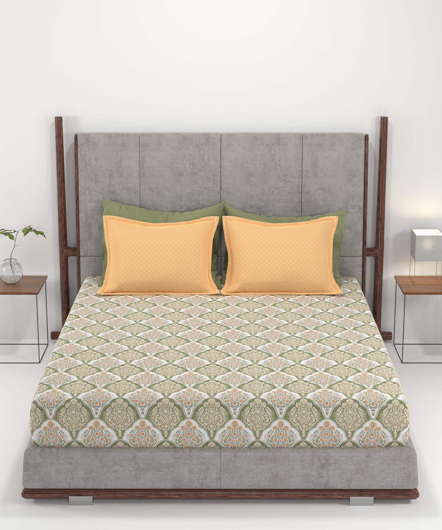 Carnival Ornate Queen Bedsheet, Manohari Sage |144 TC Cotton| 2 Pillow Covers