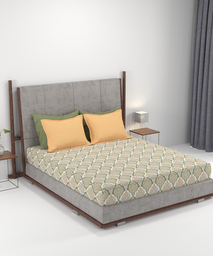 Carnival Ornate Queen Bedsheet, Manohari Sage |144 TC Cotton| 2 Pillow Covers