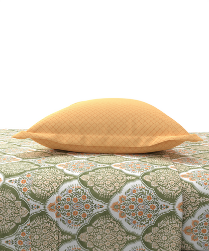Carnival Ornate Queen Bedsheet, Manohari Sage |144 TC Cotton| 2 Pillow Covers
