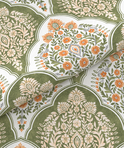 Carnival Ornate Queen Bedsheet, Manohari Sage |144 TC Cotton| 2 Pillow Covers