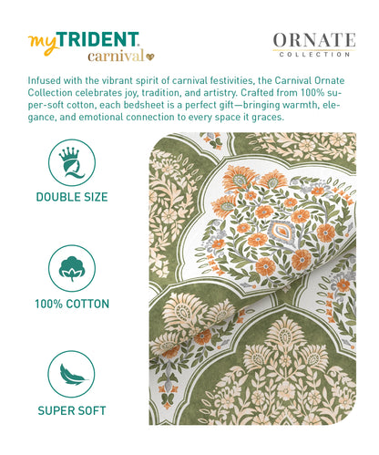 Carnival Ornate Queen Bedsheet, Manohari Sage |144 TC Cotton| 2 Pillow Covers