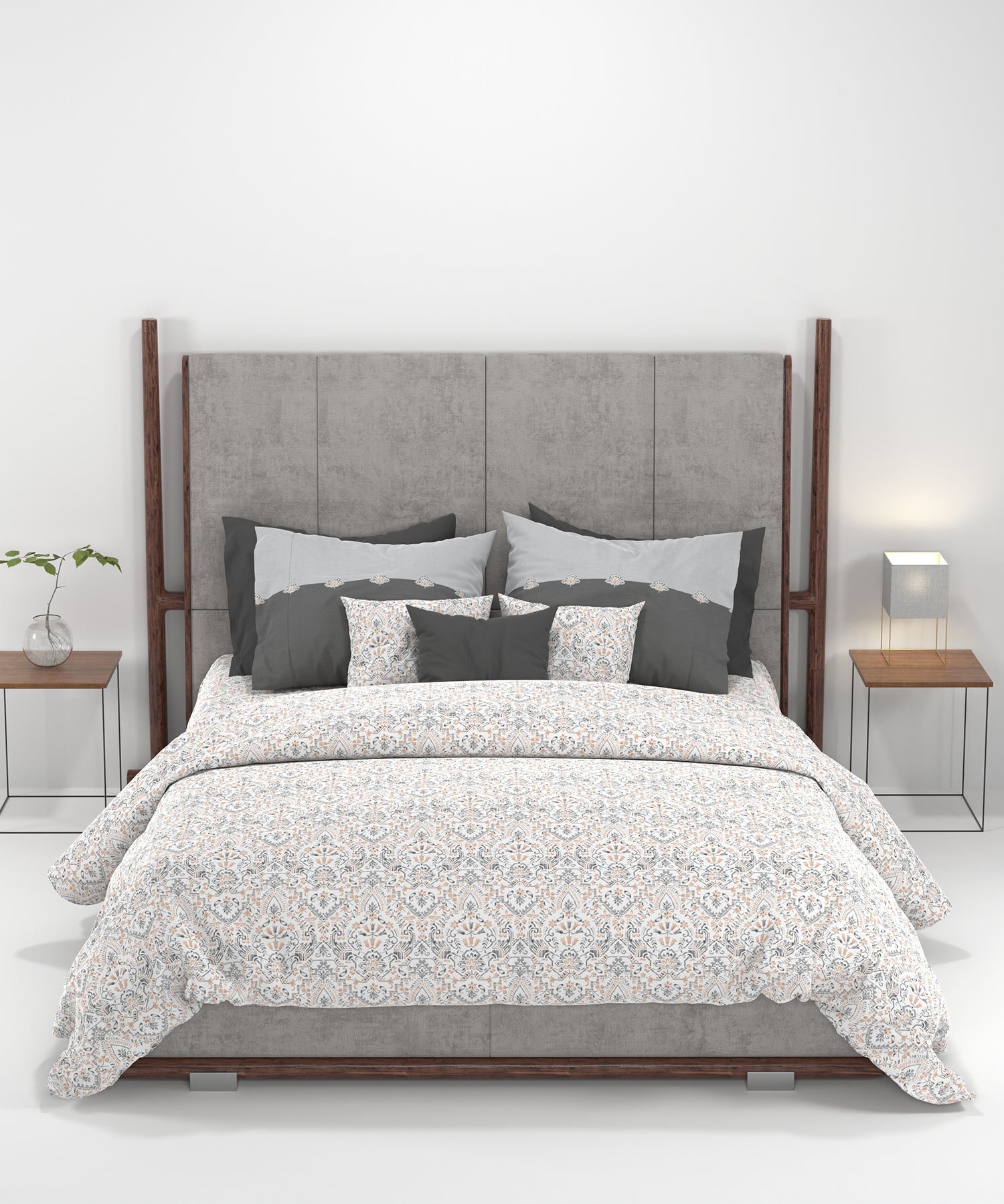Carnival Ornate Queen Bedsheet, Mehendi Grey |144 TC Cotton| 2 Pillow Covers