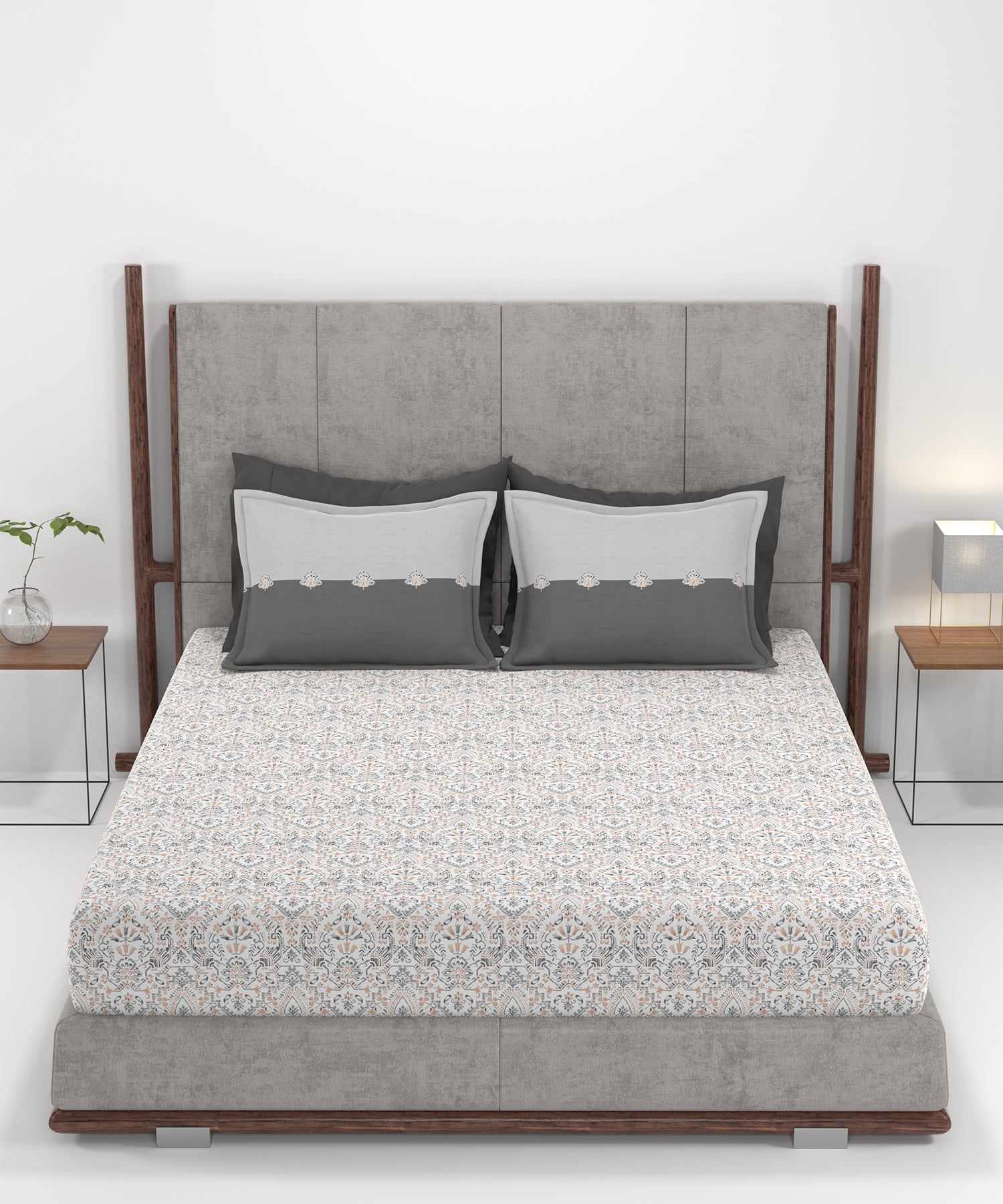 Carnival Ornate Queen Bedsheet, Mehendi Grey |144 TC Cotton| 2 Pillow Covers