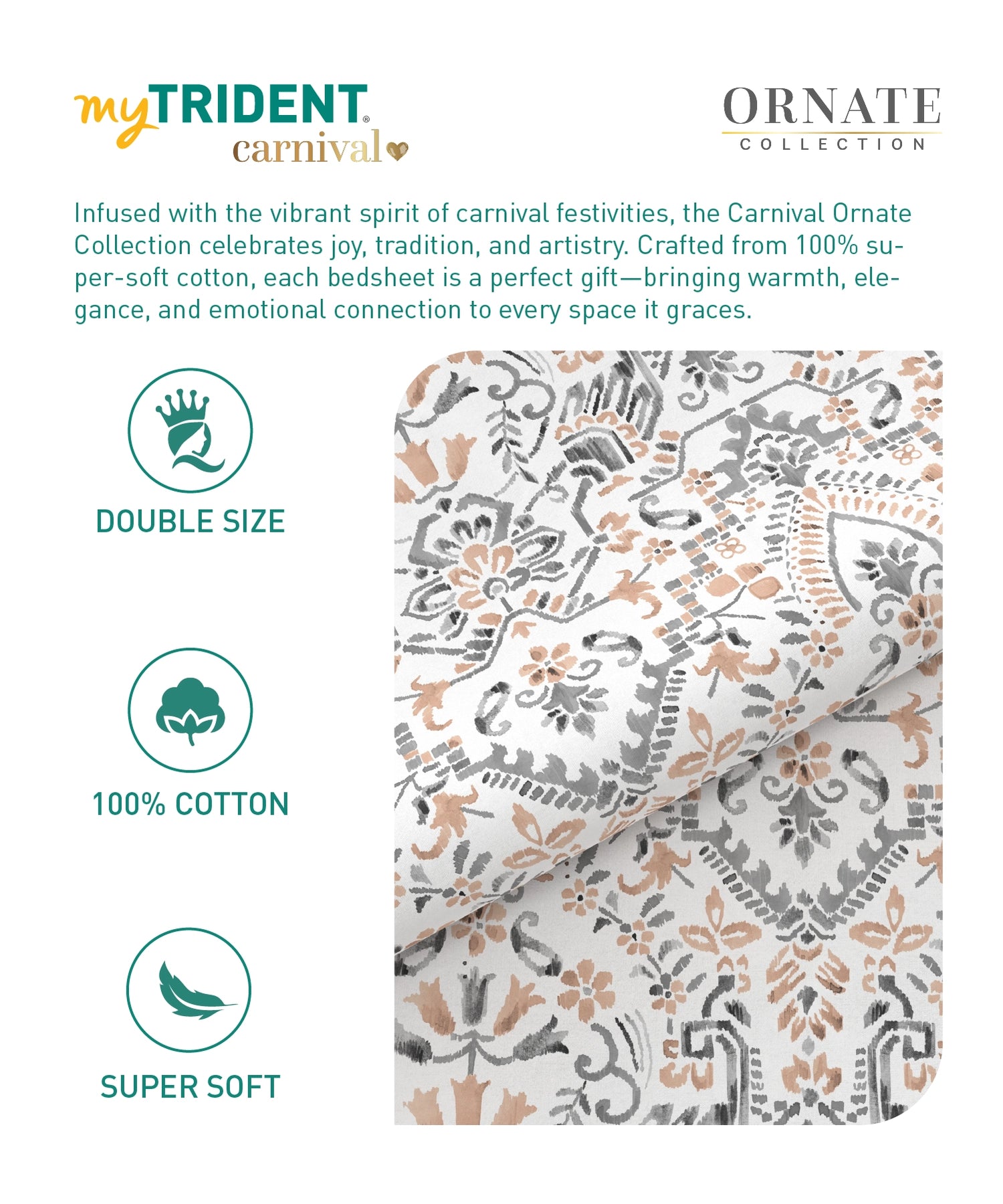 Carnival Ornate Queen Bedsheet, Mehendi Grey |144 TC Cotton| 2 Pillow Covers