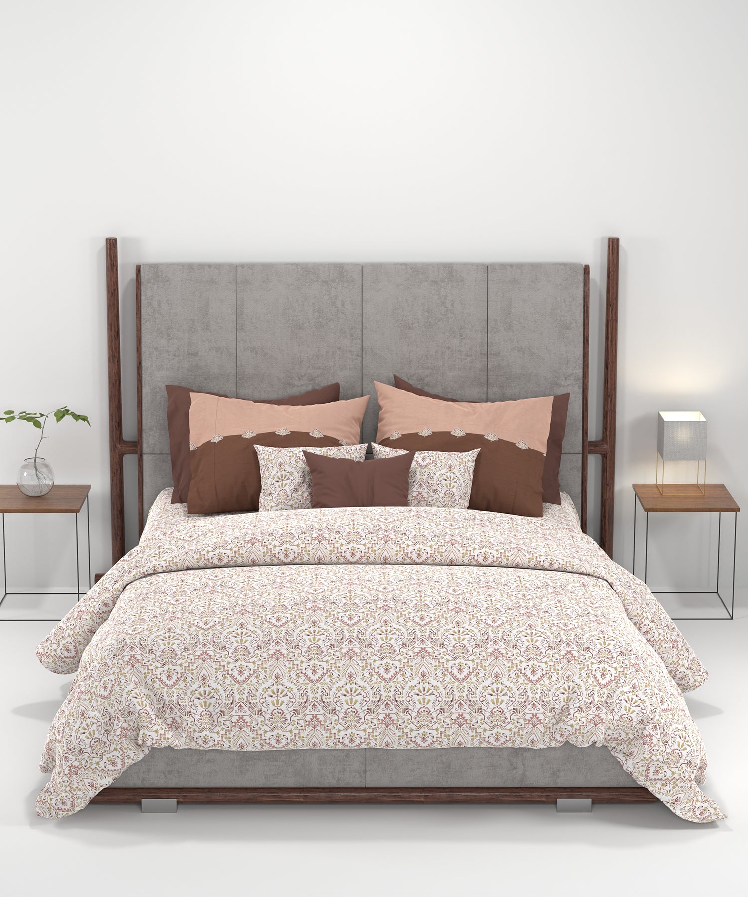 Carnival Ornate Queen Bedsheet, Mehendi Rust |144 TC Cotton| 2 Pillow Covers