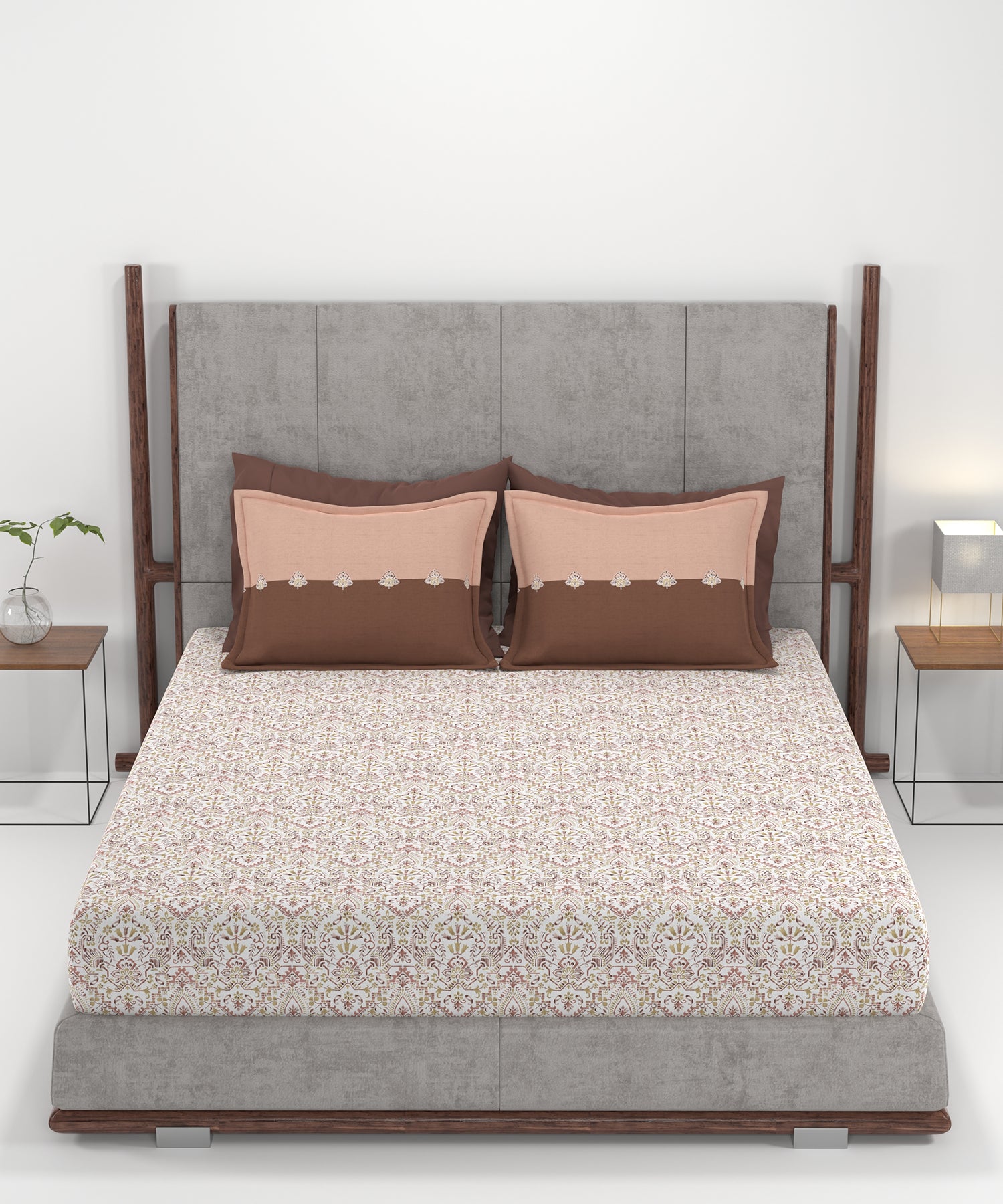 Carnival Ornate Queen Bedsheet, Mehendi Rust |144 TC Cotton| 2 Pillow Covers