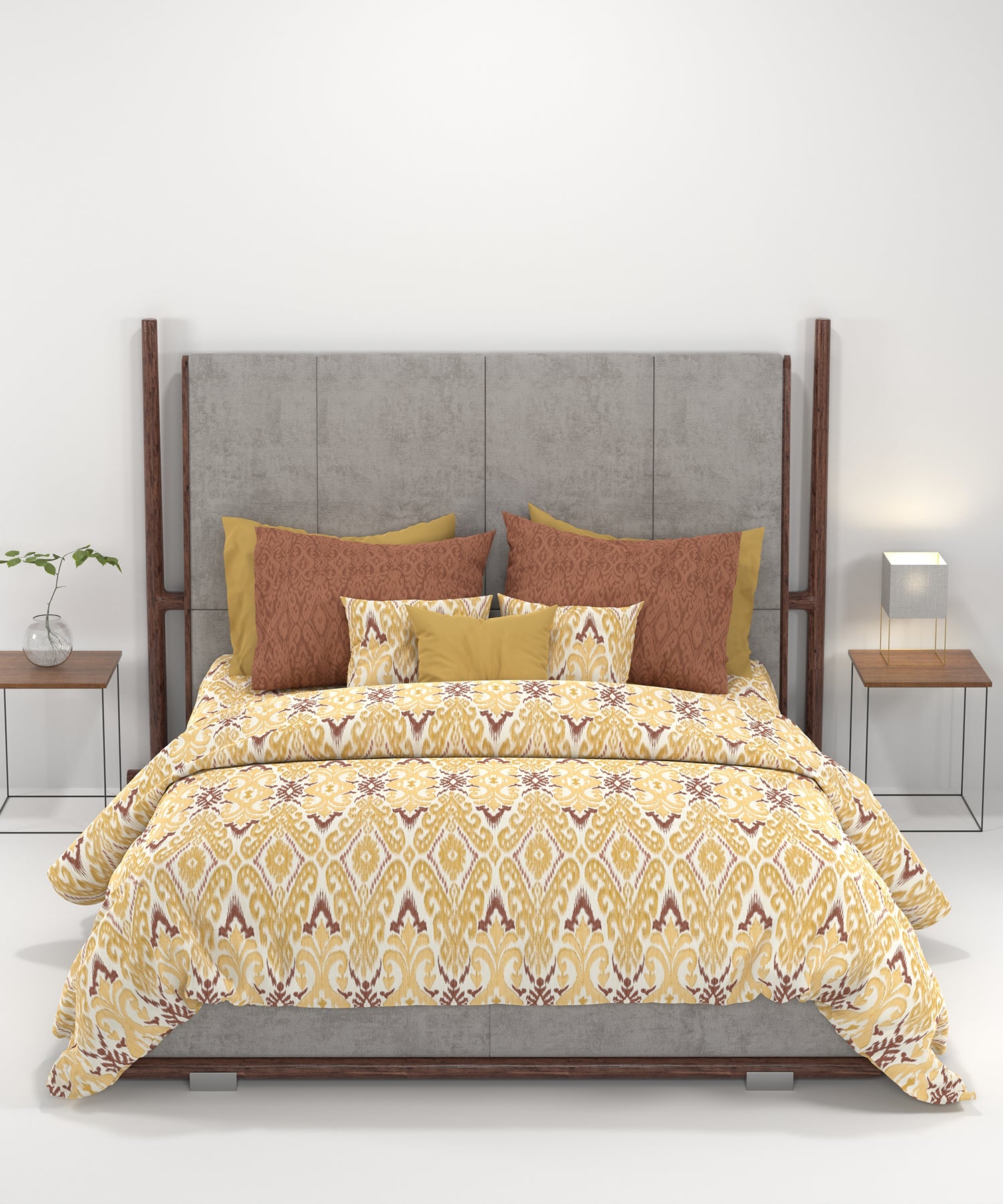 Carnival Ornate Queen Bedsheet, Saaj Mustard |144 TC Cotton| 2 Pillow Covers