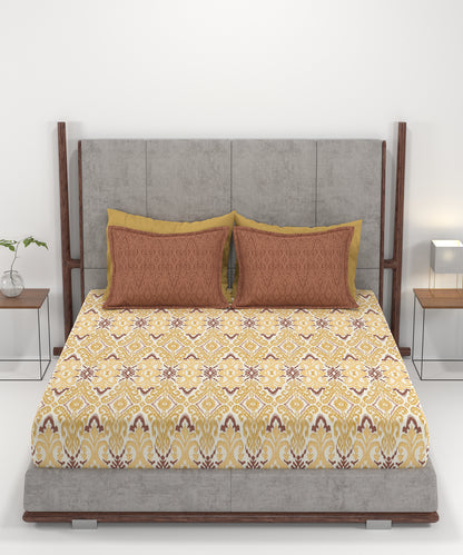 Carnival Ornate Queen Bedsheet, Saaj Mustard |144 TC Cotton| 2 Pillow Covers