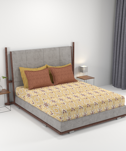 Carnival Ornate Queen Bedsheet, Saaj Mustard |144 TC Cotton| 2 Pillow Covers