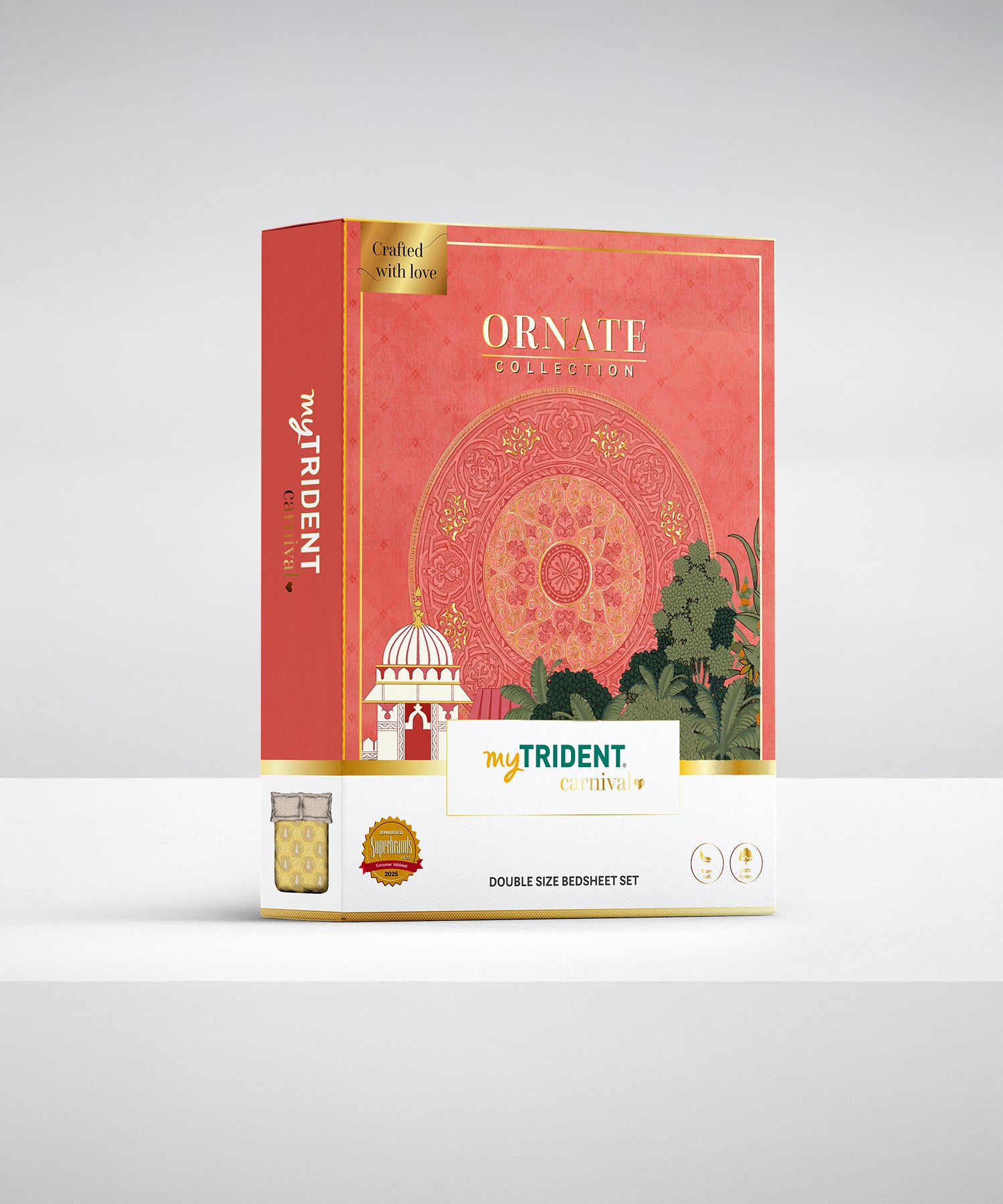 Carnival Ornate Queen Bedsheet, Saaj Mustard |144 TC Cotton| 2 Pillow Covers