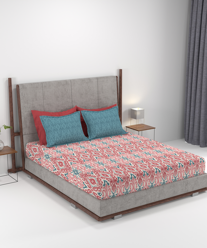 Carnival Ornate Queen Bedsheet, Saaj Red |144 TC Cotton| 2 Pillow Covers