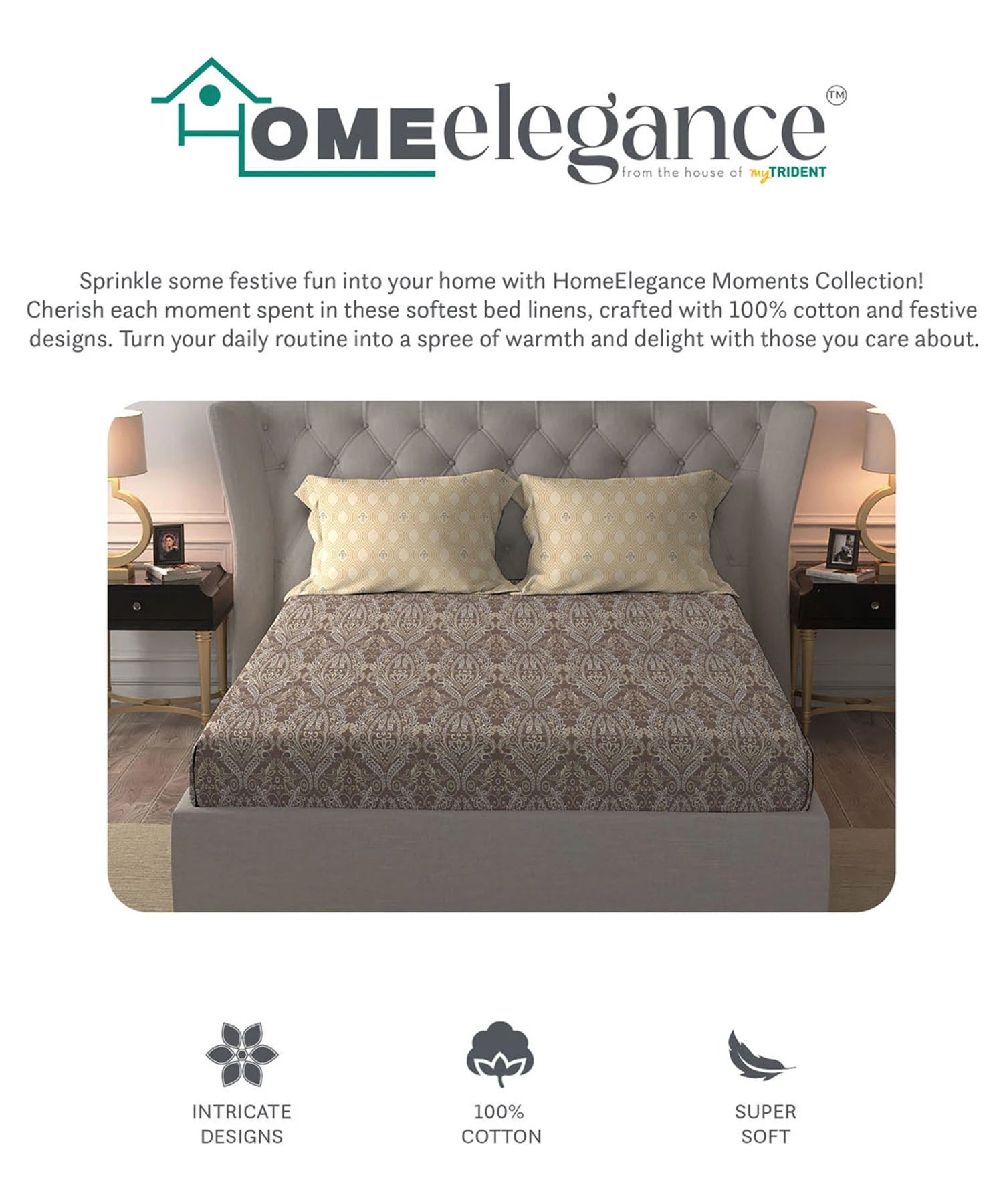 Moments Queen Bedsheet Set,Irene Mocha |120 TC Cotton