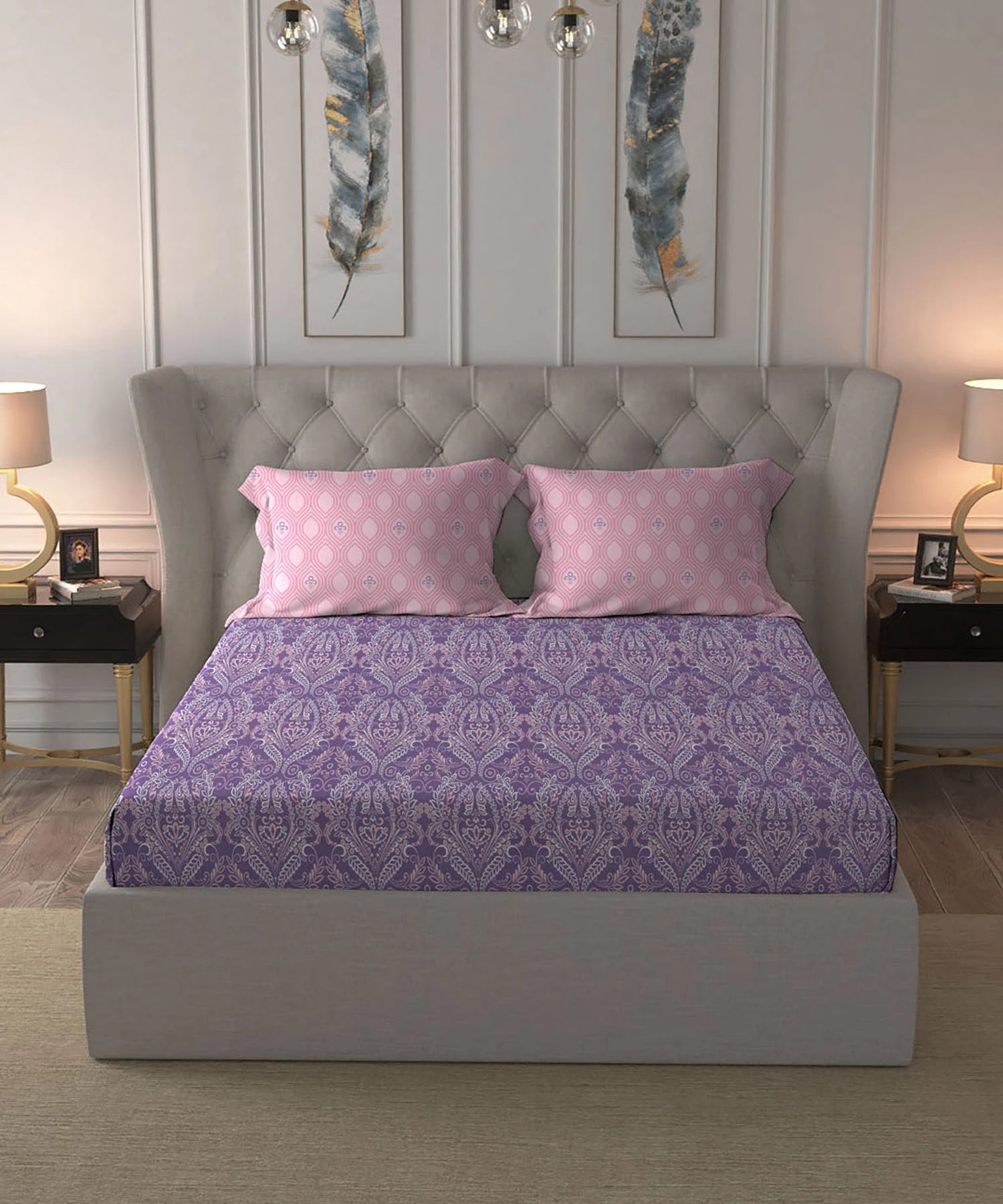 Moments Queen Bedsheet Set, Irene Purple |120 TC Cotton