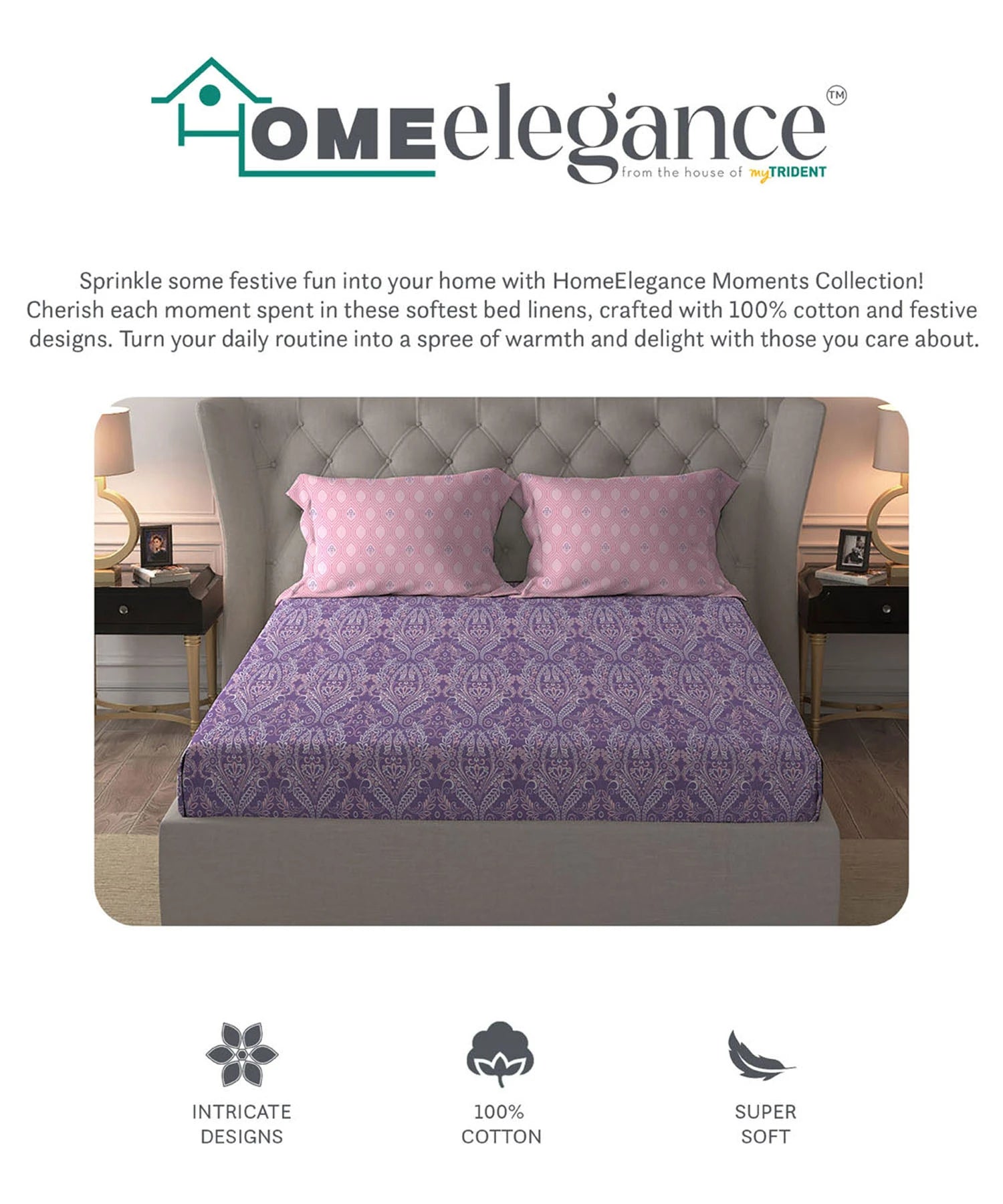 Moments Queen Bedsheet Set, Irene Purple |120 TC Cotton