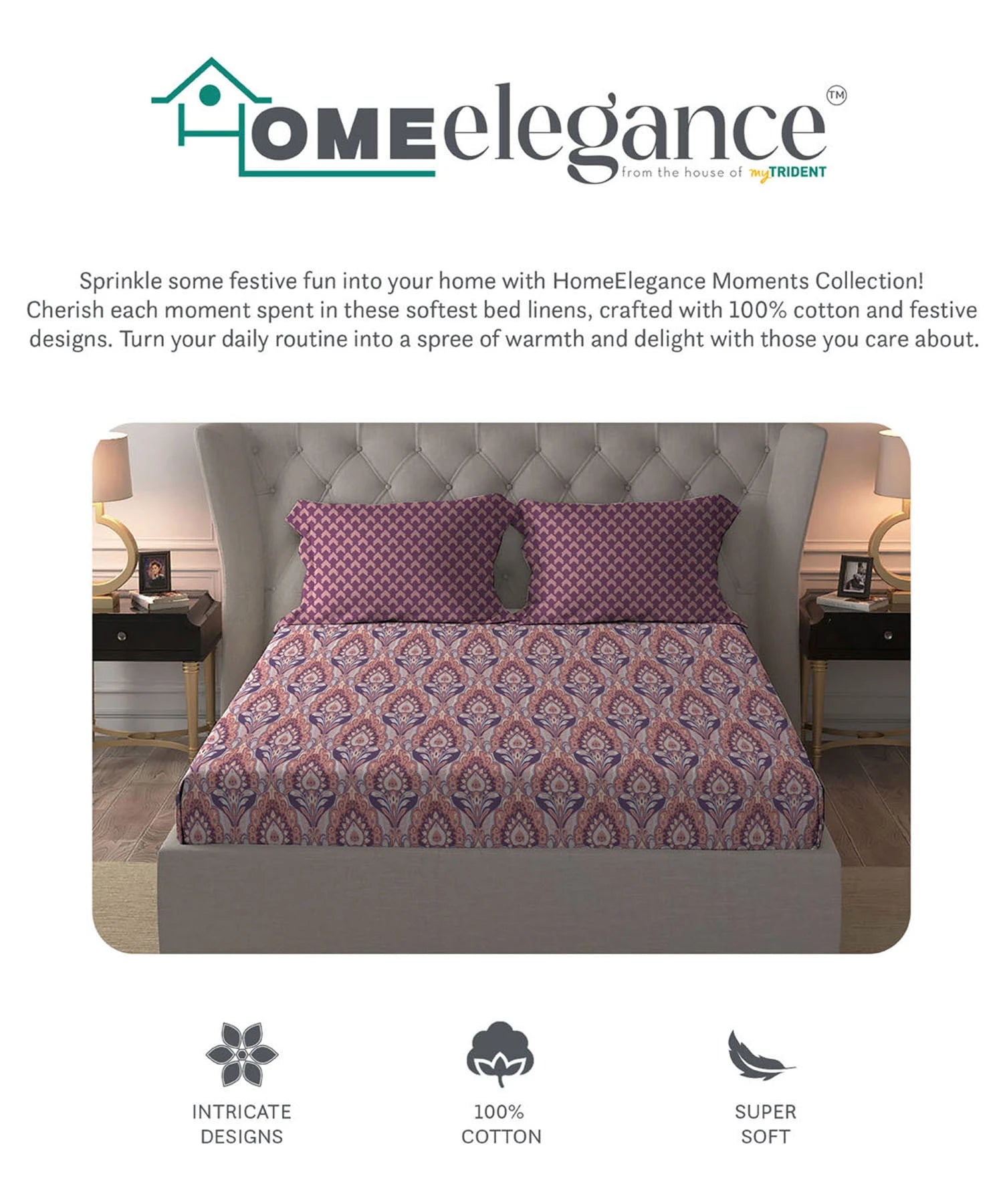 Moments Queen Bedsheet Set, Evelyn Mauve |120 TC Cotton