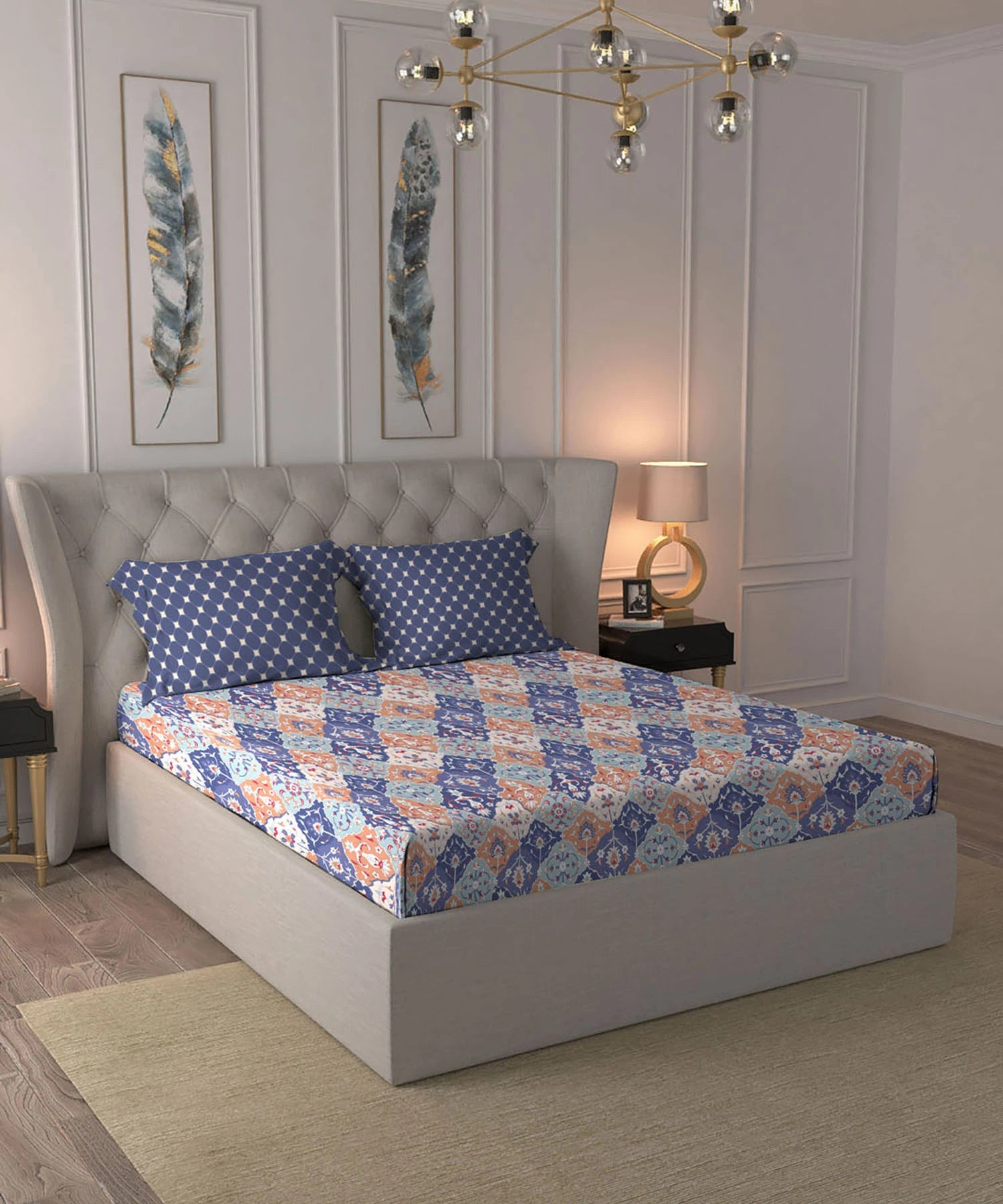 Moments Queen Bedsheet Set,Vivienne Blue|120 TC Cotton