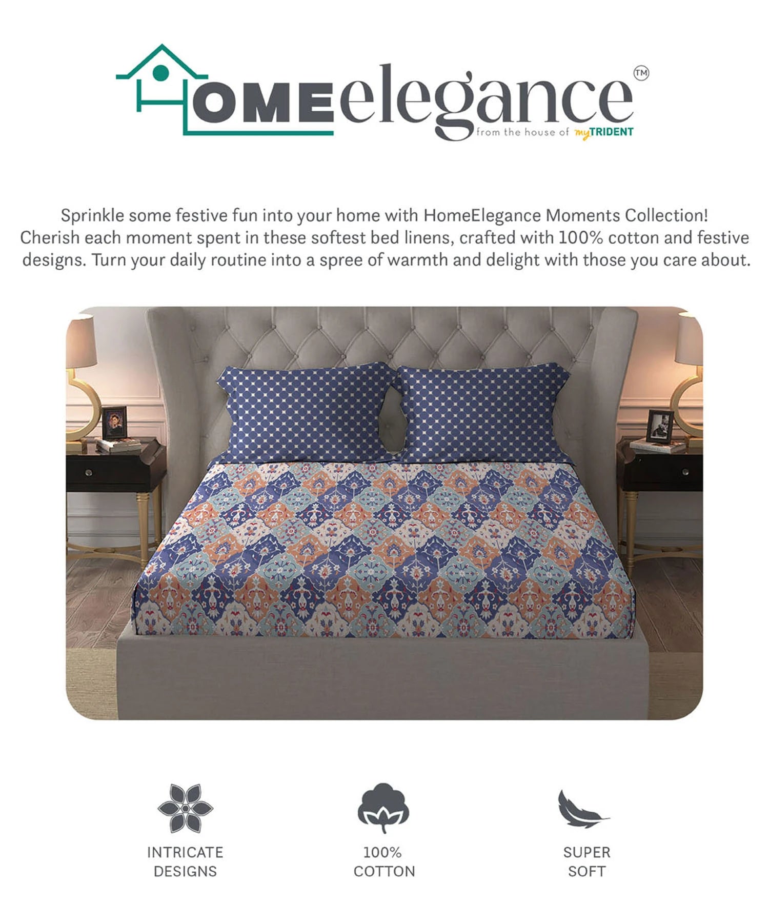 Moments Queen Bedsheet Set,Vivienne Blue|120 TC Cotton