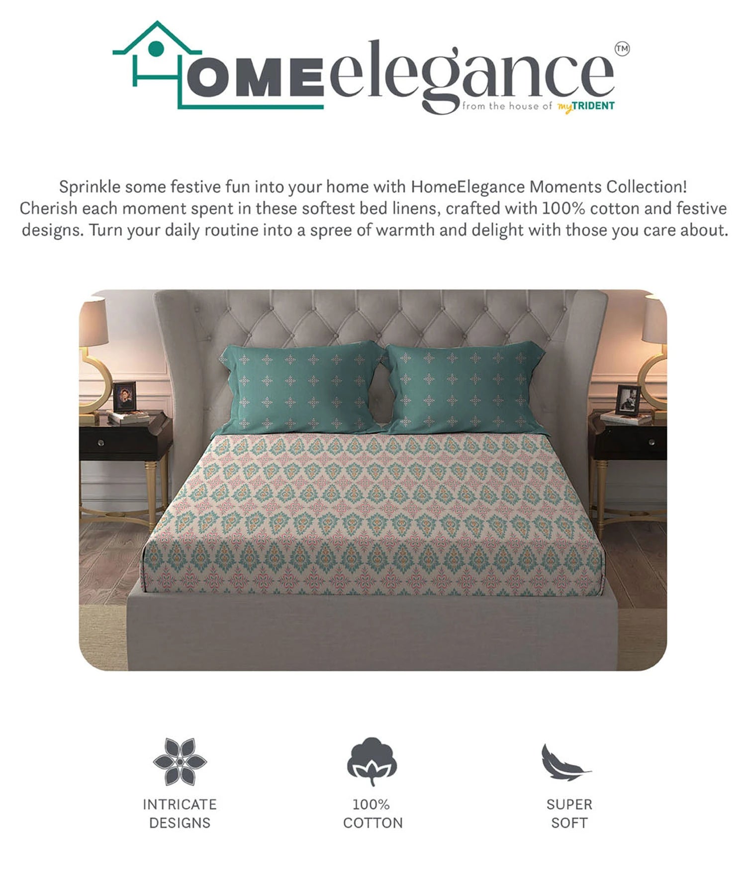 Moments Queen Bedsheet Set, Clara Pink|120 TC Cotton