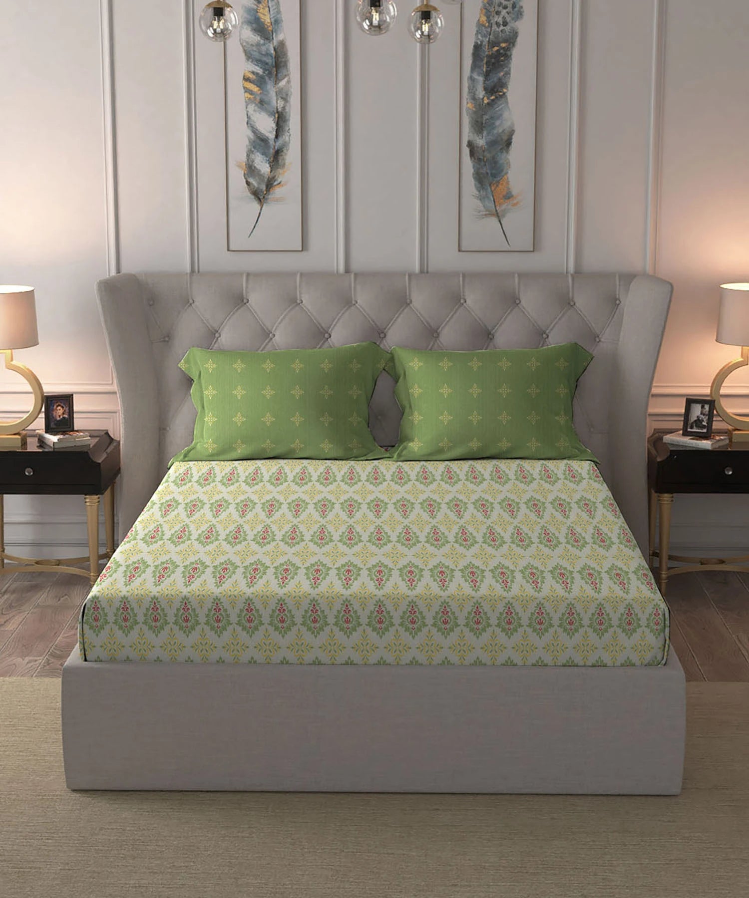 Moments Queen Bedsheet Set, Clara Green|120 TC Cotton