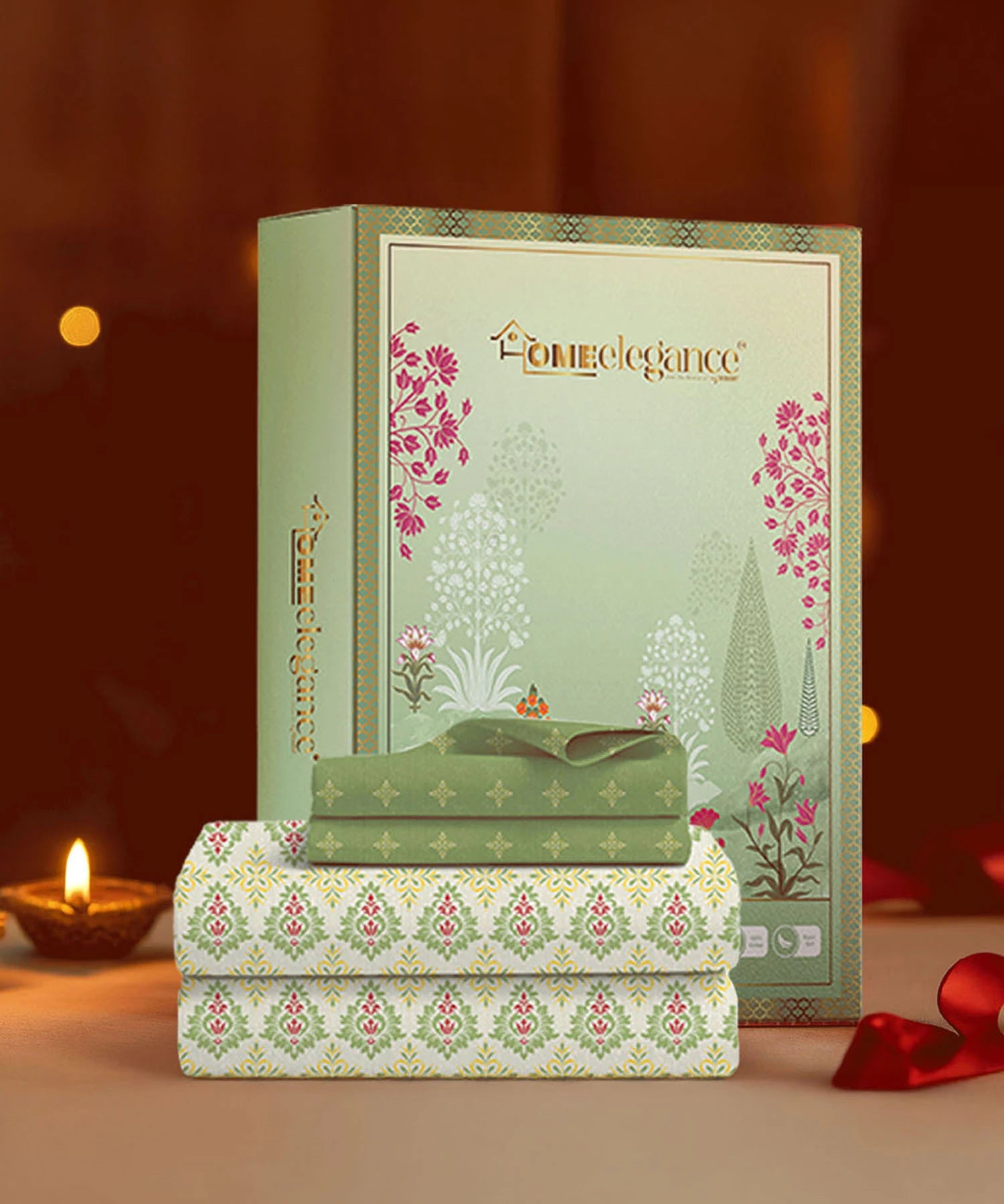 Moments Queen Bedsheet Set, Clara Green|120 TC Cotton