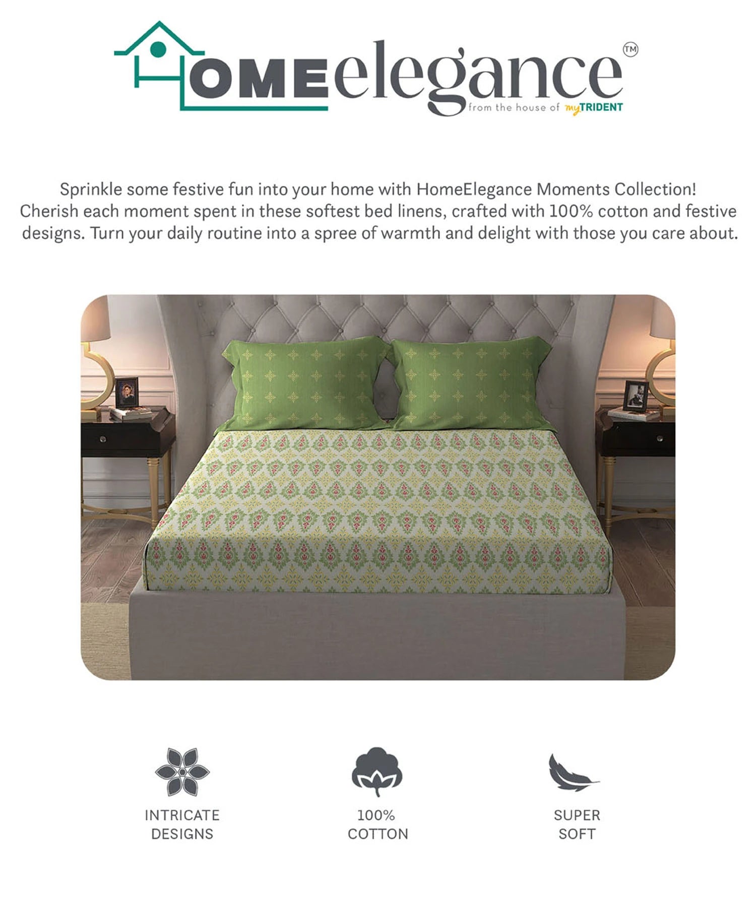 Moments Queen Bedsheet Set, Clara Green|120 TC Cotton