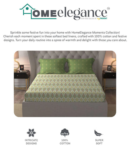 Moments Queen Bedsheet Set, Clara Green|120 TC Cotton