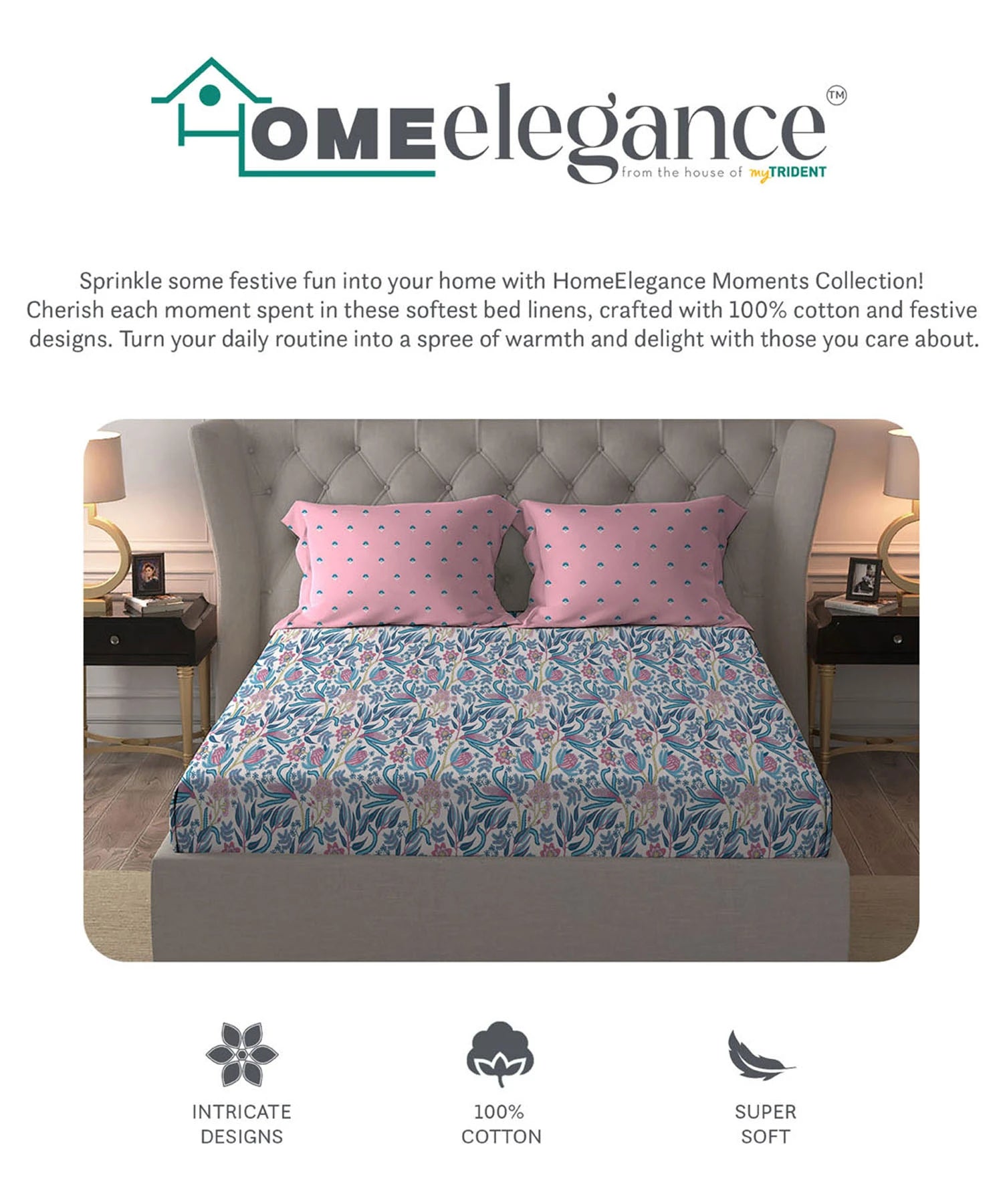 Moments Queen Bedsheet Set,Reverie Pink|120 TC Cotton