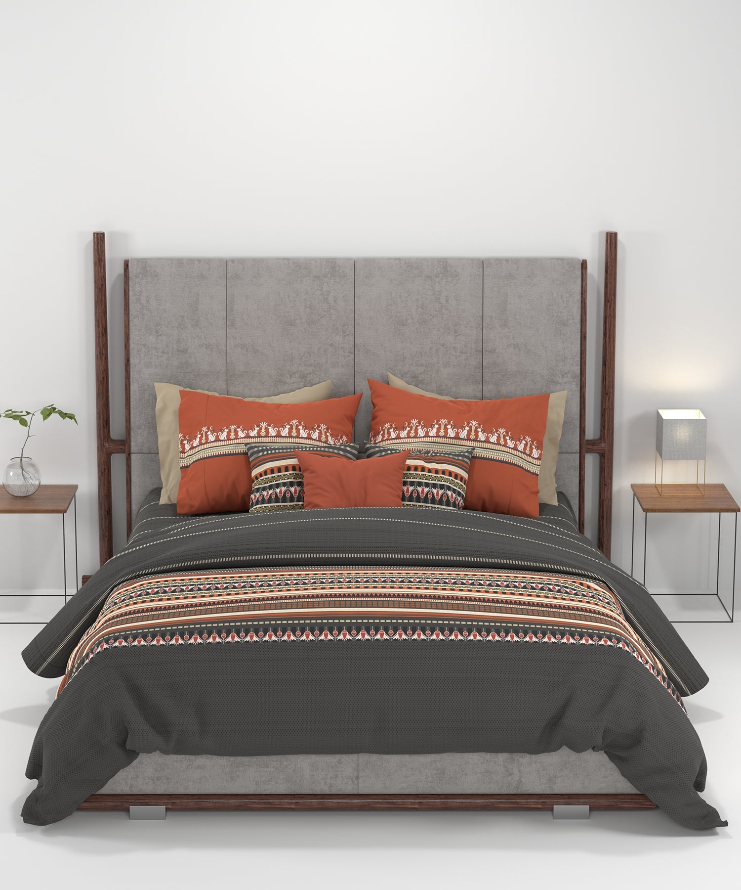 Carnival Gold Art Deco King Bedsheet, Athena Charcoal| 144 TC Cotton| 2 Pillow Covers