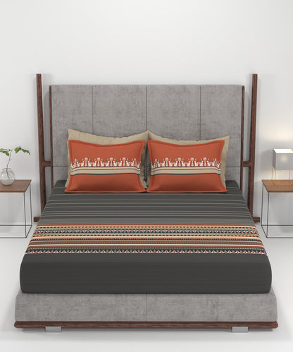 Carnival Gold Art Deco King Bedsheet, Athena Charcoal| 144 TC Cotton| 2 Pillow Covers