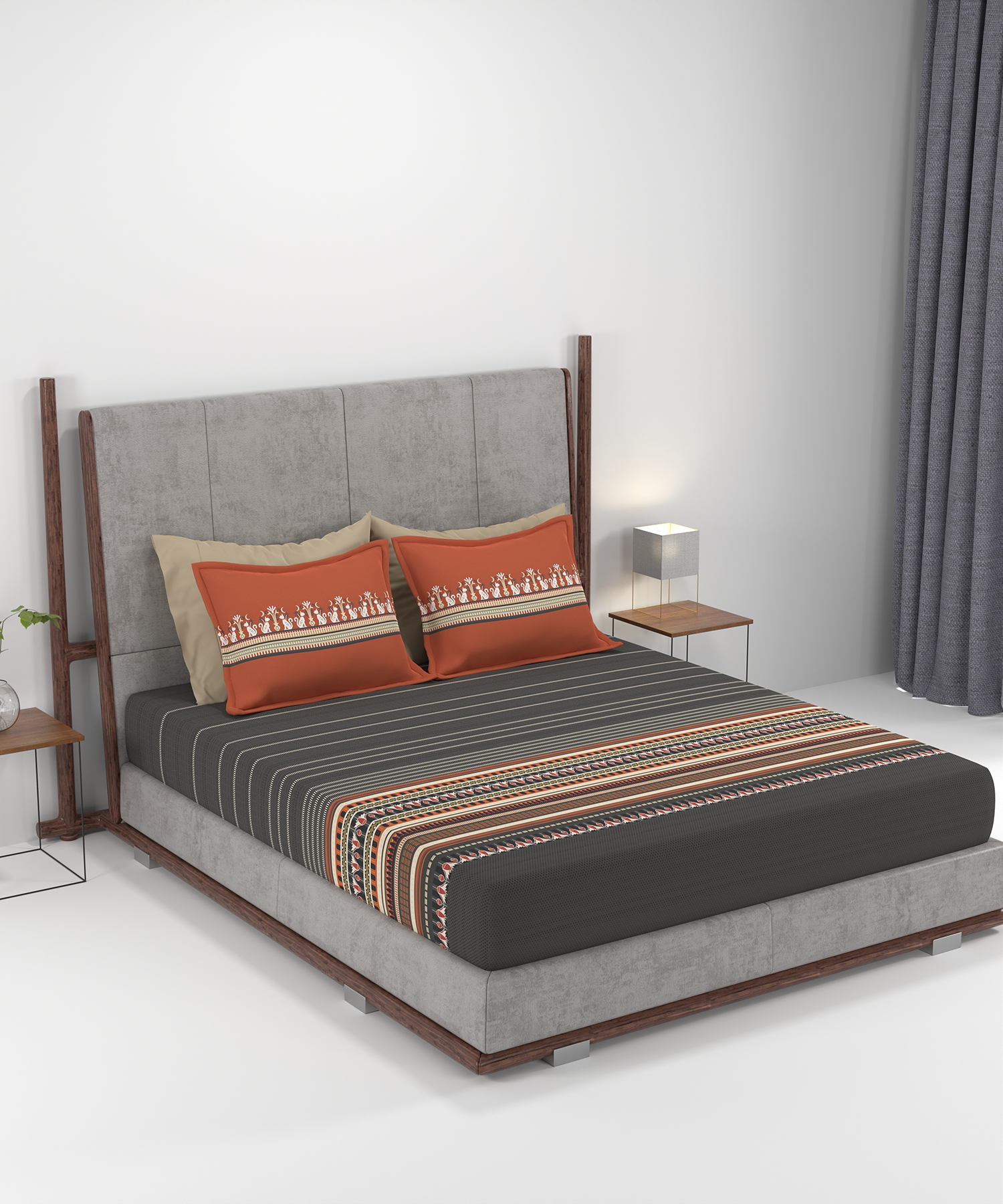 Carnival Gold Art Deco King Bedsheet, Athena Charcoal| 144 TC Cotton| 2 Pillow Covers