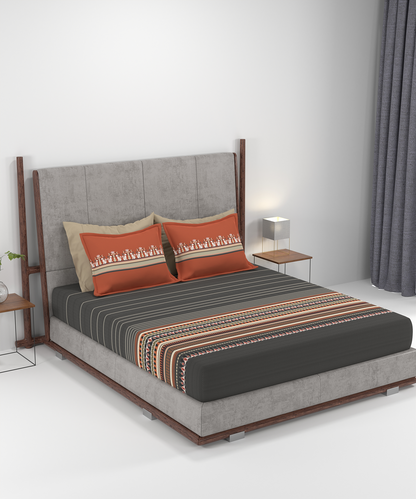 Carnival Gold Art Deco King Bedsheet, Athena Charcoal| 144 TC Cotton| 2 Pillow Covers