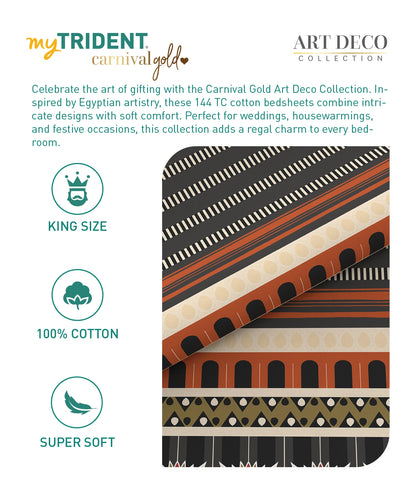 Carnival Gold Art Deco King Bedsheet, Athena Charcoal| 144 TC Cotton| 2 Pillow Covers